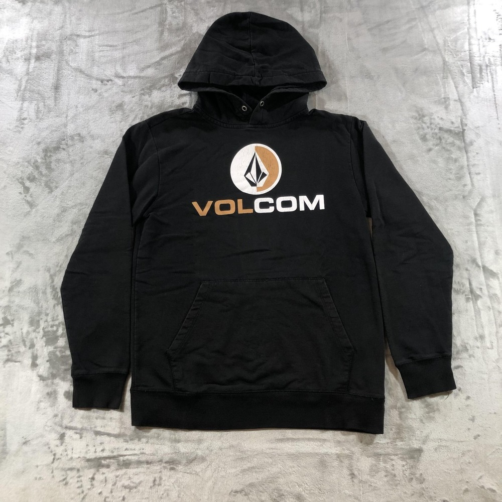 Volcom Hoodie Mens Small Black Stone Logo Pullover Sweatshirt Kangaroo Pocket
